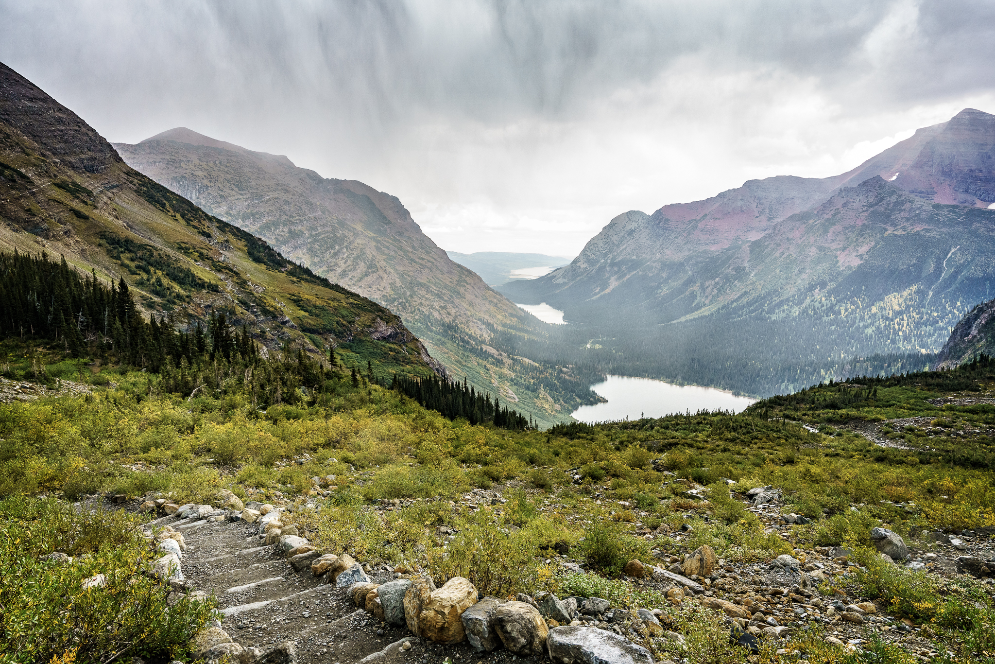 Descent down Grinnell Trail in Many Glacier at Glacier National Park