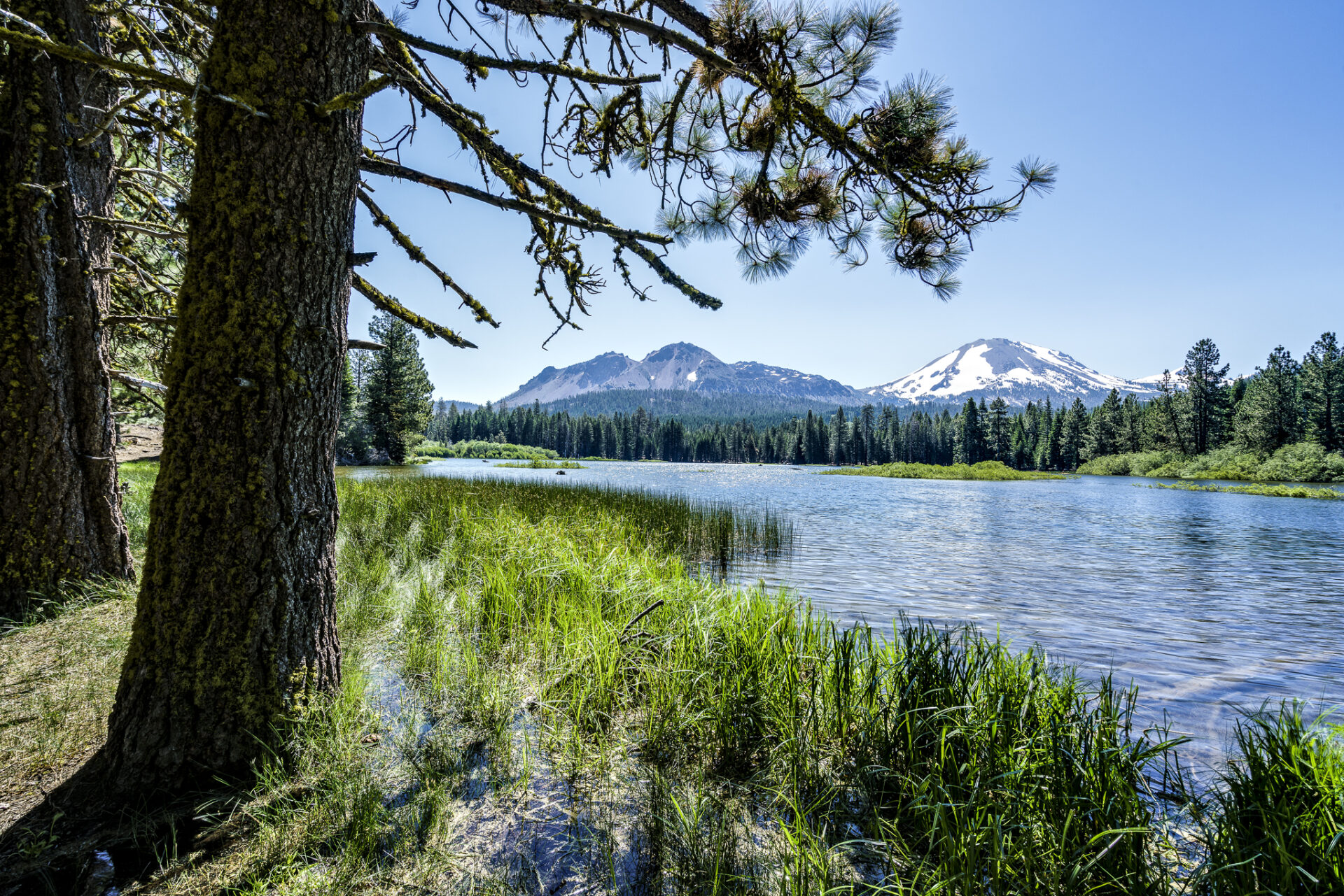 Lassen Peak behind Manzanita Lake at Lassen Volcanic National Park