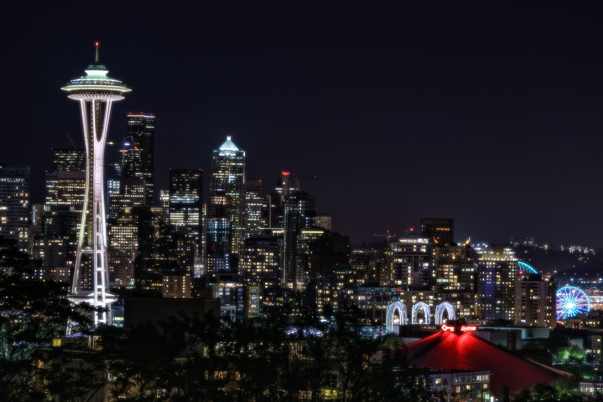 Seattle Space Needle and Skyline Glow at Night