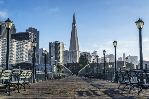 Transamerica Pyramid Looms above Pier 7 on the Embarcadero in San Francisco