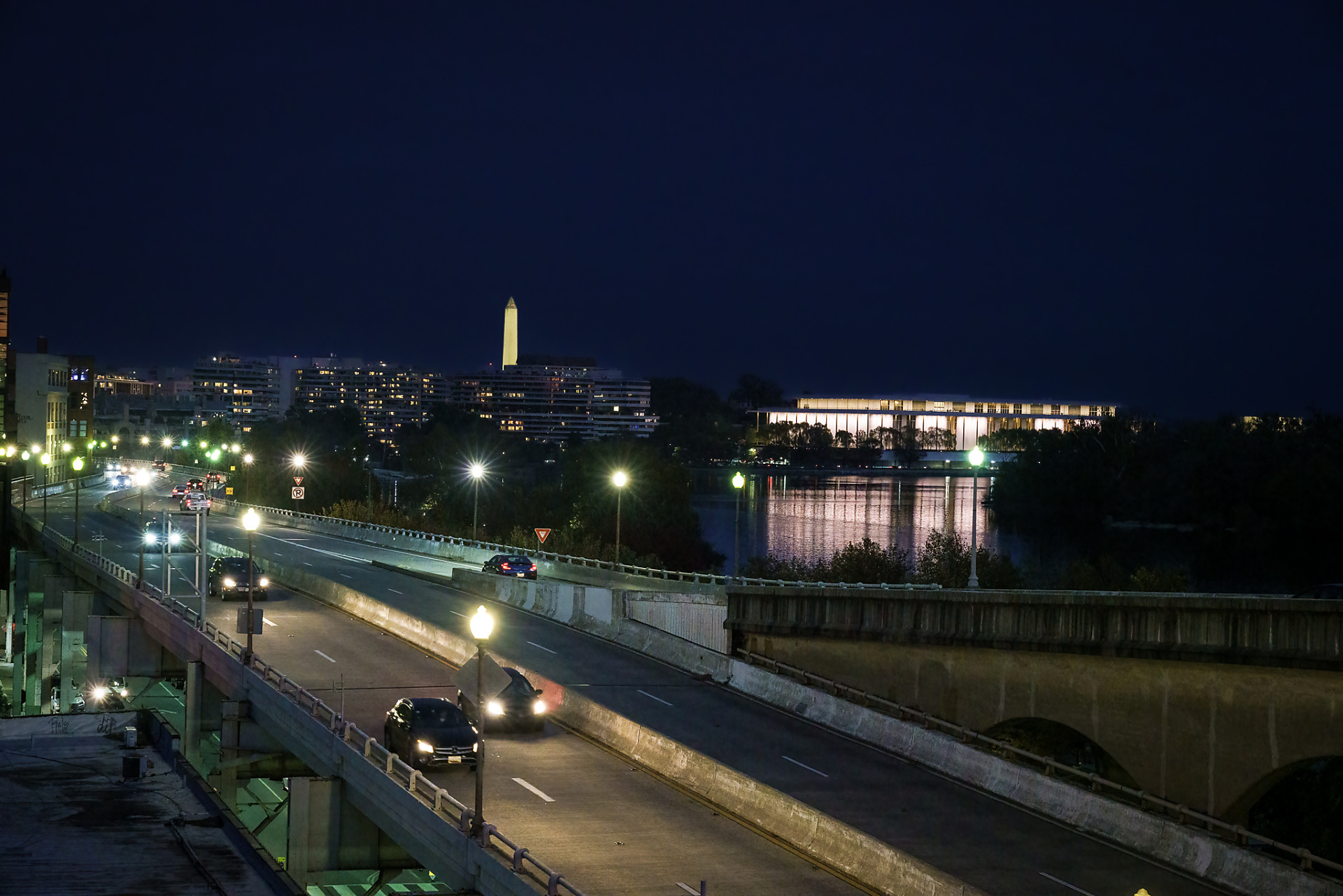 Watergate, Kennedy Center, and Washington Monument Glow at Night