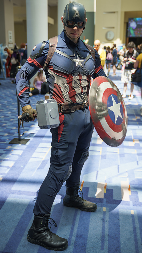 Captain America stands for justice with his shield and Thor's Hammer at Otakon 2023